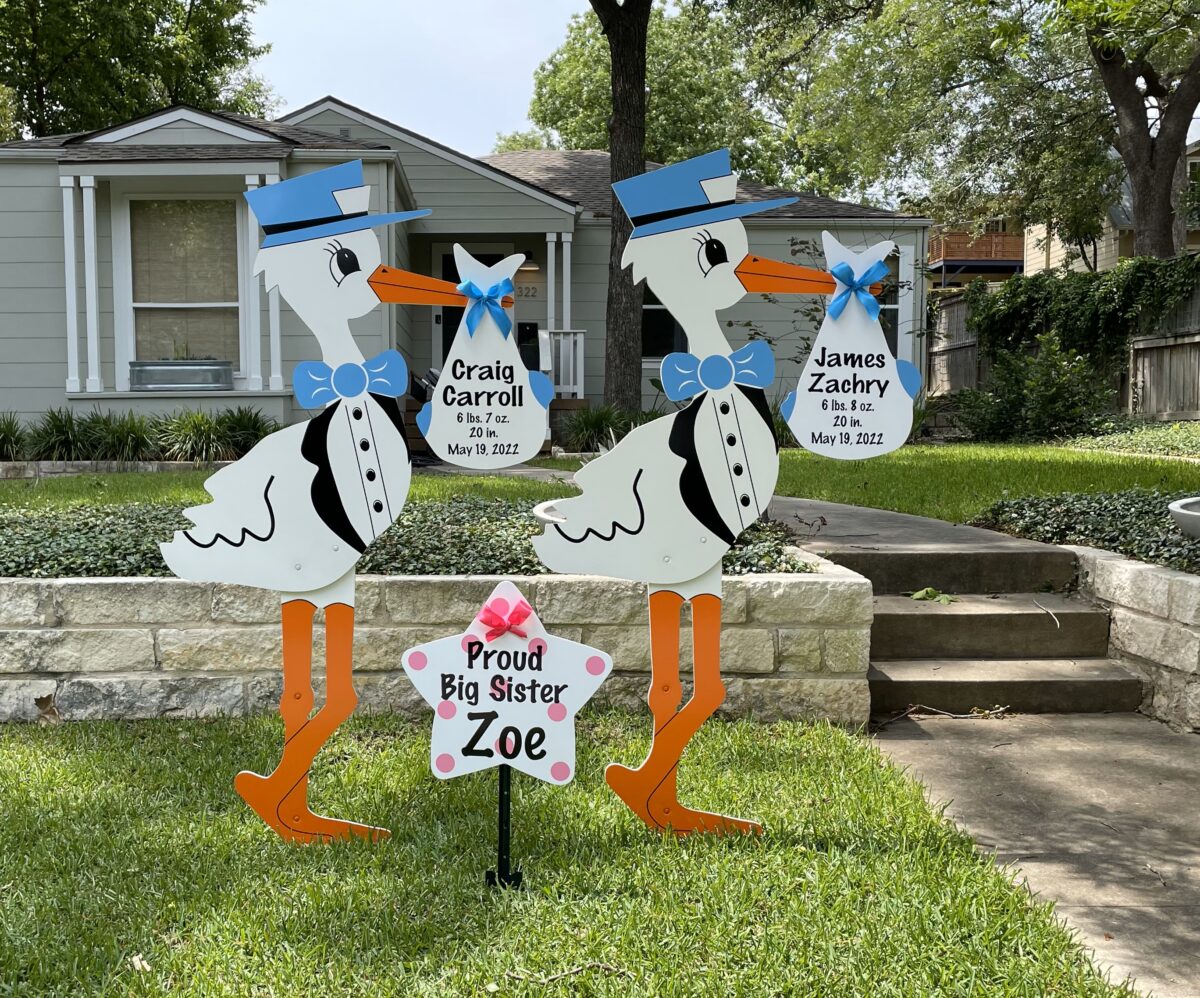 Twin Blue Storks with Sibling Star, Birth Announcement Yard Stork Sign in City of Florence, Darlington, SC