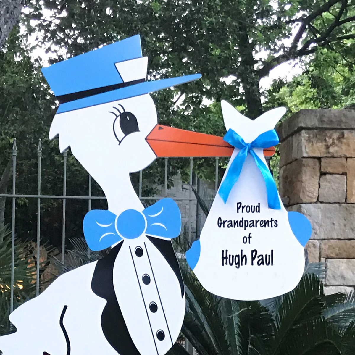 Grandparent Blue Stork, Birth Announcement Yard Stork Sign in City of Florence, Darlington, SC