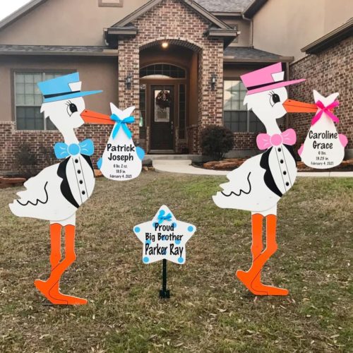Twin Pink and Blue Stork Sign With Generic Bundles and Sibling Star, Birth Announcement Yard Stork Sign in City of Florence, Darlington, SC