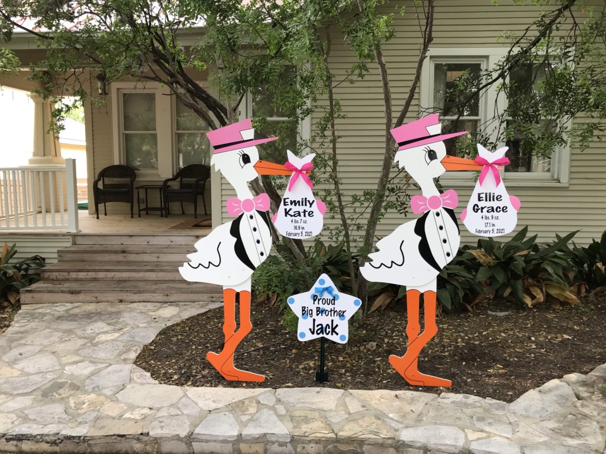 Twin Pink Stork Sign and Sibling Star, Birth Announcement Yard Stork Sign in City of Florence, Darlington, SC