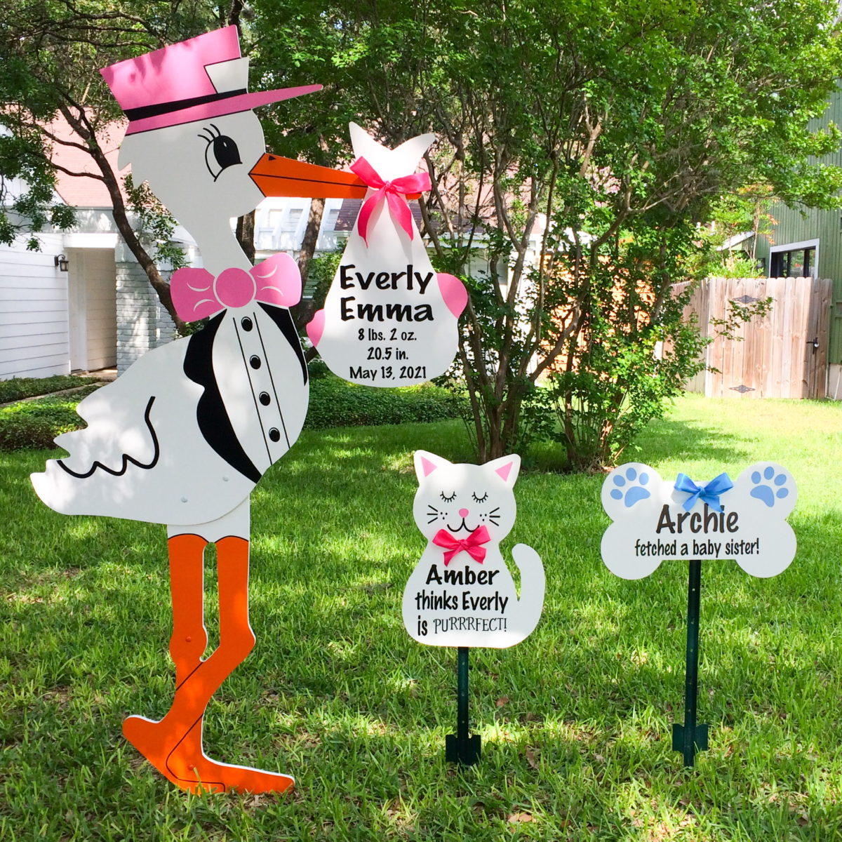 Pink Stork Sign with Cat and Dog Bone Pet Signs, Birth Announcement Yard Stork Sign in City of Florence, Darlington, SC