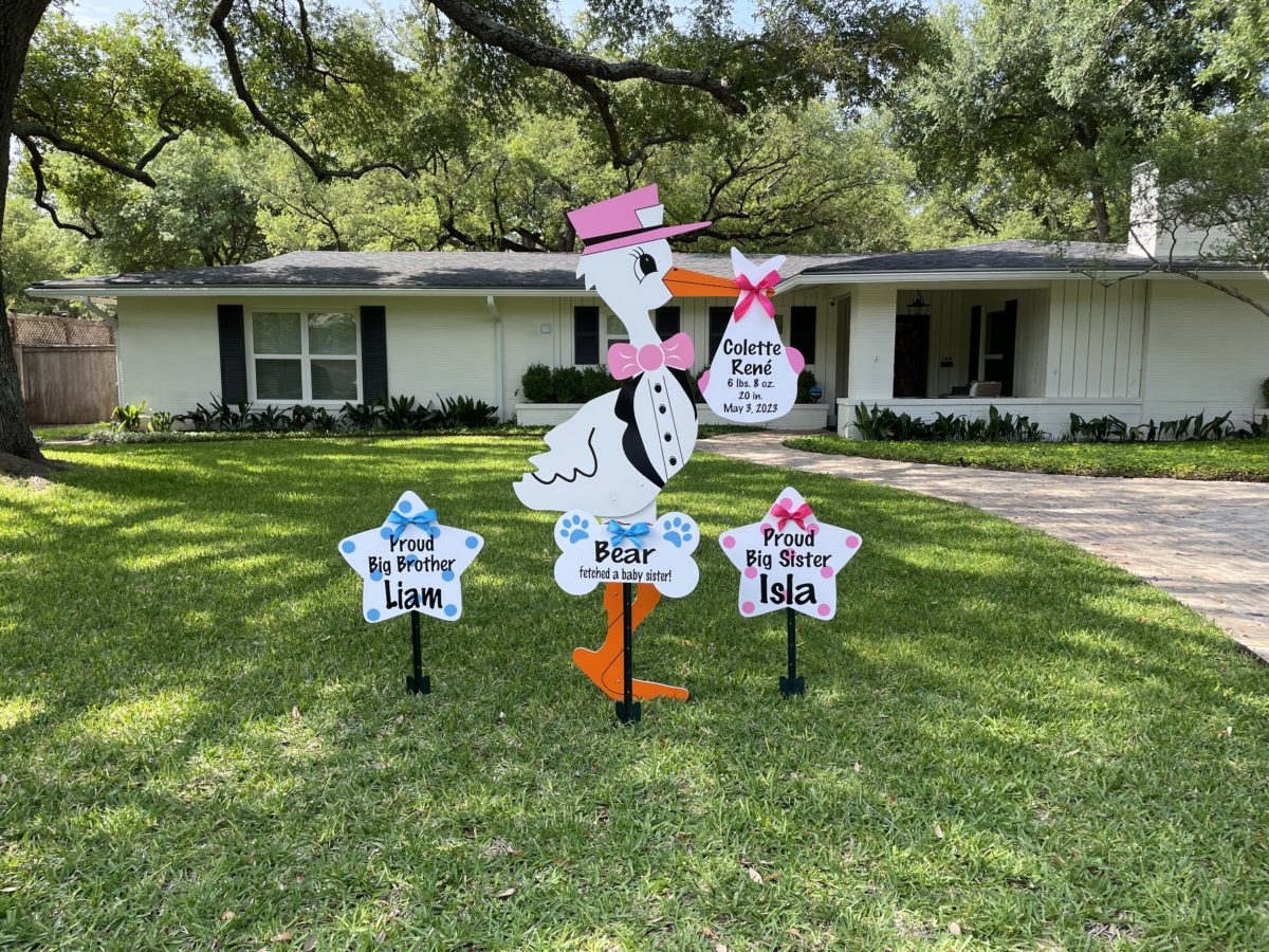 Pink Stork Sign With Sibling Stars and Dog Bone Sign, Birth Announcement Yard Stork Sign in City of Florence, Darlington, SC