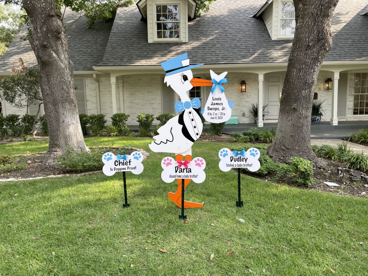 Blue Stork Sign With Dog Bone Signs, Birth Announcement Yard Stork Sign in City of Florence, Darlington, SC