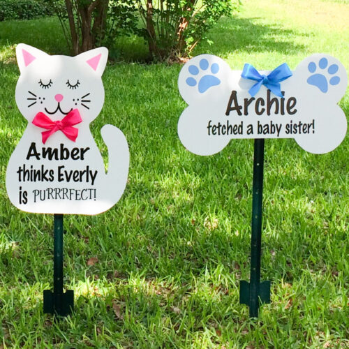 Pet Sign - Cat and Dog Bone Sign- Blue Stork, Birth Announcement Yard Stork Sign in City of Florence, Darlington, SC